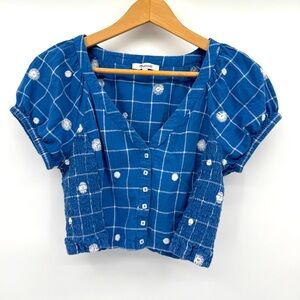 Madewell Embroidered puff sleeve crop top Size 6 Hermitage Blue Cottagecore EUC